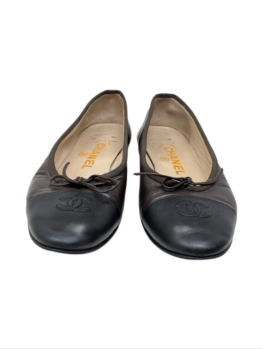 Chanel Brown Leather Cap Toe Interlocking CC Ballerina Ballet Flats Size EU 37.5